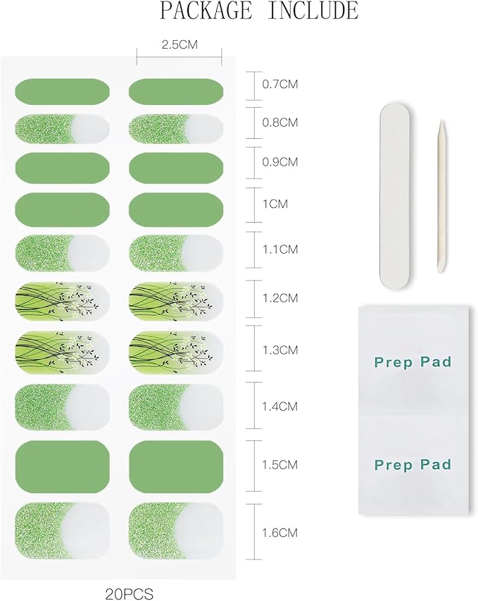 JMEOWIO Gel Nail Stickers Green French Tip Flower Semi Cured Gel Nail Strips Wraps UV/LED Nails Art Design Decoration Accessories