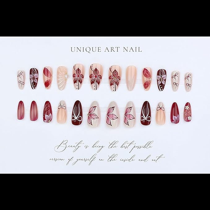 Almond Press On Nails Medium Flower Fake Nails, Bow Nails Press Ons With Pearls Designs,Reusable Full Cover French Acrylic Nail, Glossy Glue On Nails For Women Nail Accessories