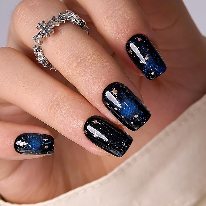 Curvlife Press On Nails - Acrylic False Nails Kit with Design, Full Coverage, Reusable Nails, Glue, Tabs, File - Artificial Nails (Starry Sky, Medium)