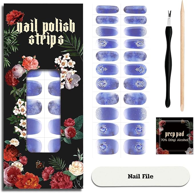 Nail Polish Strips (No UV Lamp Needed) - 22 Pcs Salon Quality Gel Nail Stickers - Long Lasting Wraps (Mystery of The Deep Blue)