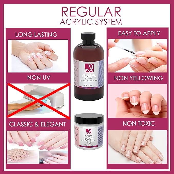 Regular – Professional Acrylic Powder for Nail Extension, Slow Setting System, EMA Formula and Non-Yellowing Effect – Pink (16 Oz.)