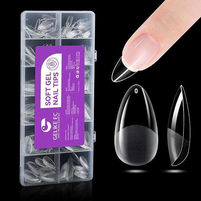 Gelike ec Nail Tips Almond for Salon: 552 Pcs Medium Soft Gel Nail Tips for Manicure 12 Sizes