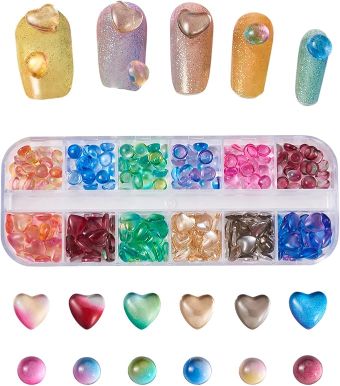 FASHEWELRY 240Pcs/Bag 3D Glass AB Color Nail Art Decoration Heart and Round Glass Cabochons Nail Art Studs for DIY Nail Art Decoration