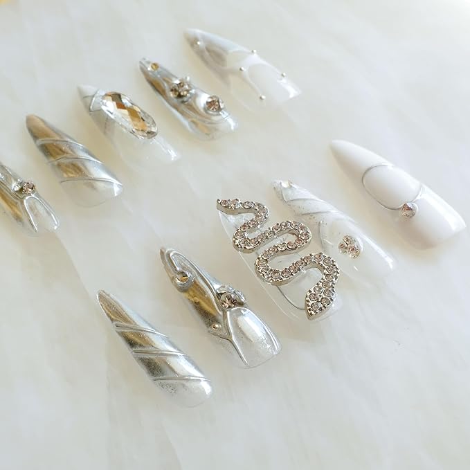 Luxury Long Almond Press-On Nails, White and Silver Rhinestone Design, 3D Snake Pattern with Pearl Accents, Handmade False Nail 10 Pieces (Small, LS)