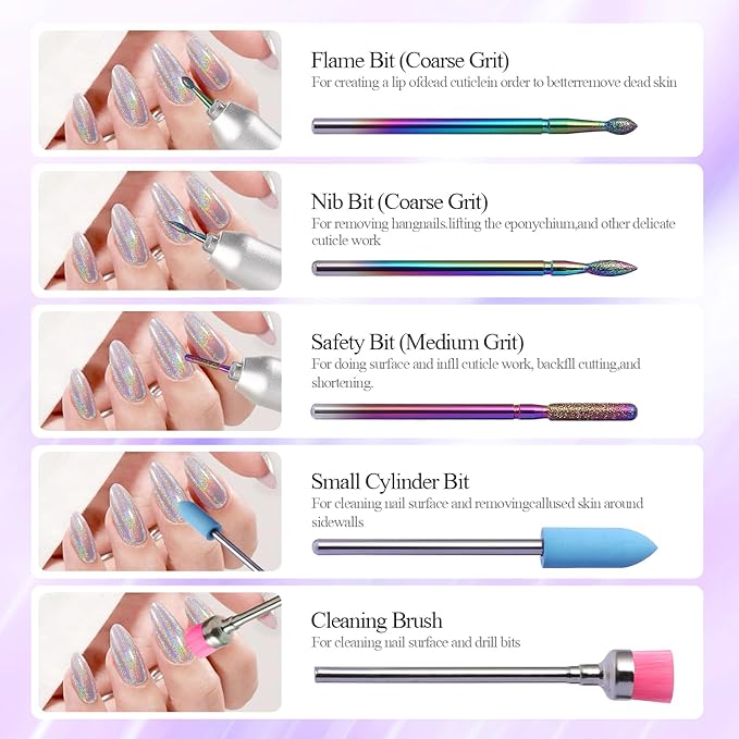 Rainbow Diamond Cuticle Bit Set for Nail Drill - 10Pcs 3/32" Nail Prep Bits with Flame Ball Needle Bit, Safety Silicone Buffer & Cleaning Brush for Beginner