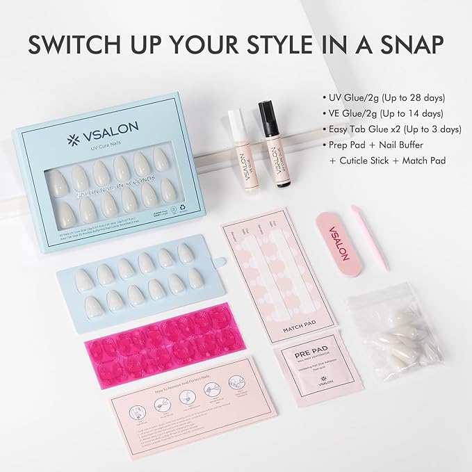 VSALON Almond Short Press On Nails, Milky White Light Curable Sheer Jelly Finish False Nails, Reusable Gel Glue on Nails Kit with Glue - 32 pcs in 16 Sizes