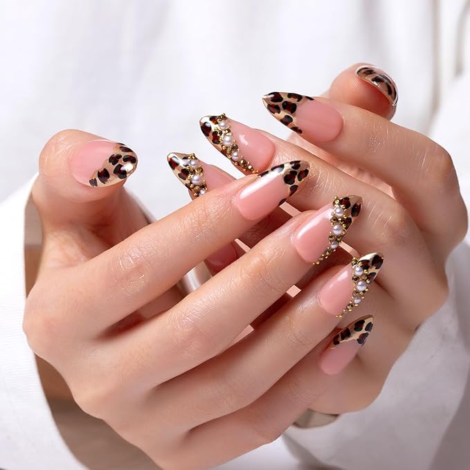 LOVFUL Press on Nails Noir d'Or | Handmade with Full Covered Crystals | Reusable Full Cover Nails | Almond Regular 1.0 in | P003-L