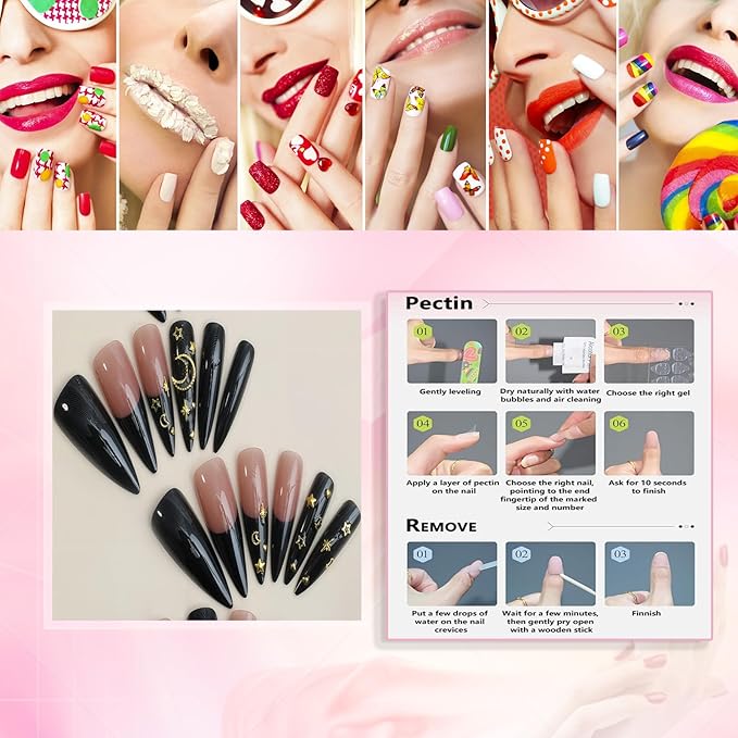 xl French Tip Press on Nails Long Stiletto Shape False Nails Press Ons Gold Moon&Stars Design Fake Nails Black Stick on Nail Full Cover Acrylic Artificial Nail Gift for Womens 24pcs