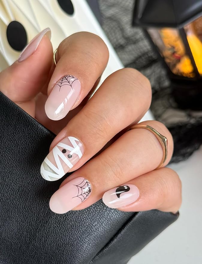 Semi Cured Gel Nail Strips (Cream Ghost), Halloween, 20 Pcs Gel Nail Wraps, Stickers, Salon Quality, Long Lasting, Works With Any UV Lamps