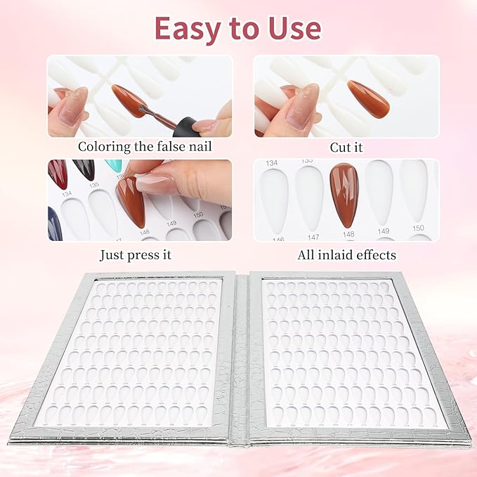 216 Nail Colors Book, Nail Display Chart Book with 240 Nail Tips & 1-300 Number Labels, Professional Nail Color Swatches Book for Nail Polish UV Gel Salon (Silver, Size 01)