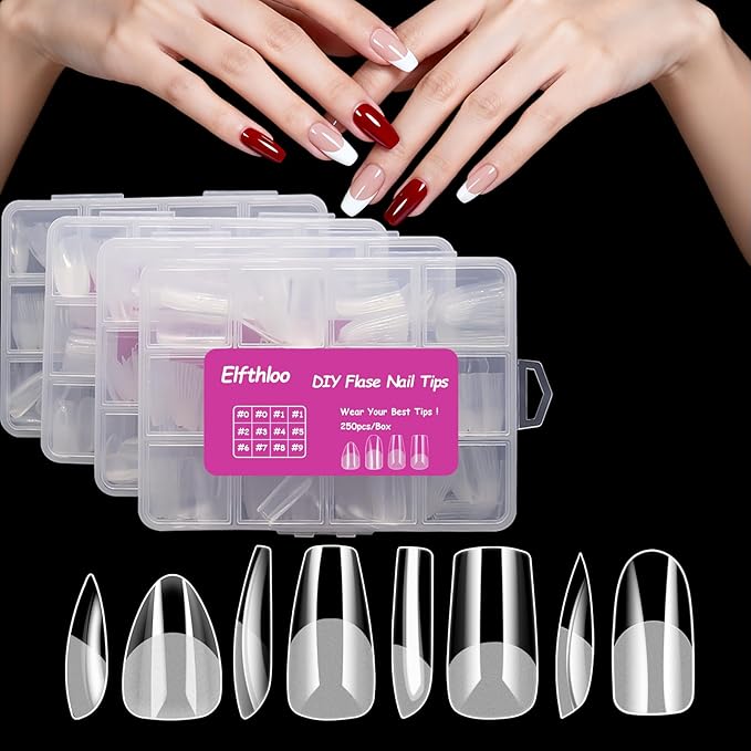 1000PCS Clear Acrylic Fake Nail Tips, 4 Shapes 10 Sizes - Half Matte Full Cover for DIY Manicure, Salon & Beginners - Short Almond Rectangle Medium Coffin Oval Pre-Shaped Extensions