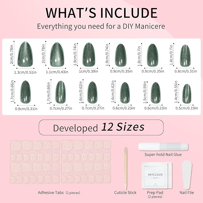 Green Almond Cat Eyes Press On Nails,12 Sizes - 24 Pcs Soft Gel Blackish Green Medium Fake Nails Kit with Nail Glue, Natural Reusable Stick On False Nails for Women and Girls SK1027