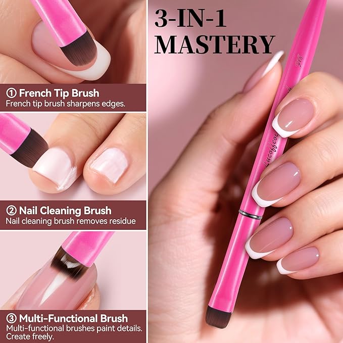Nail Brush for French Tips & Cleaning Gel Polish- Precision Thin Brush for Acrylic, Polygel - Professional Kolinsky Sable Nail Art Brush (Pink, F16)