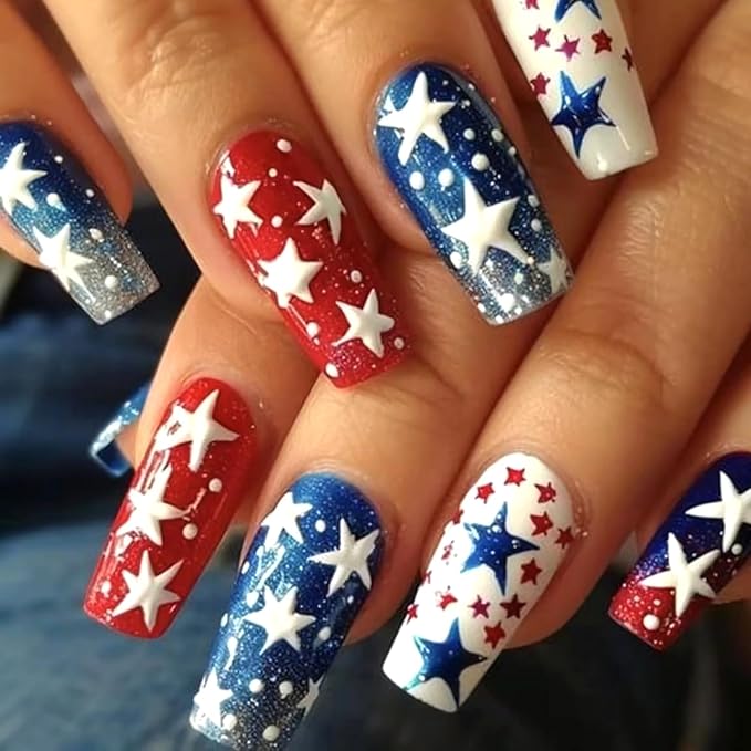 MISUD Press on Nails - Long Square Fake Nails with Red Blue Star, Acrylic 4th of July Design 24 pcs
