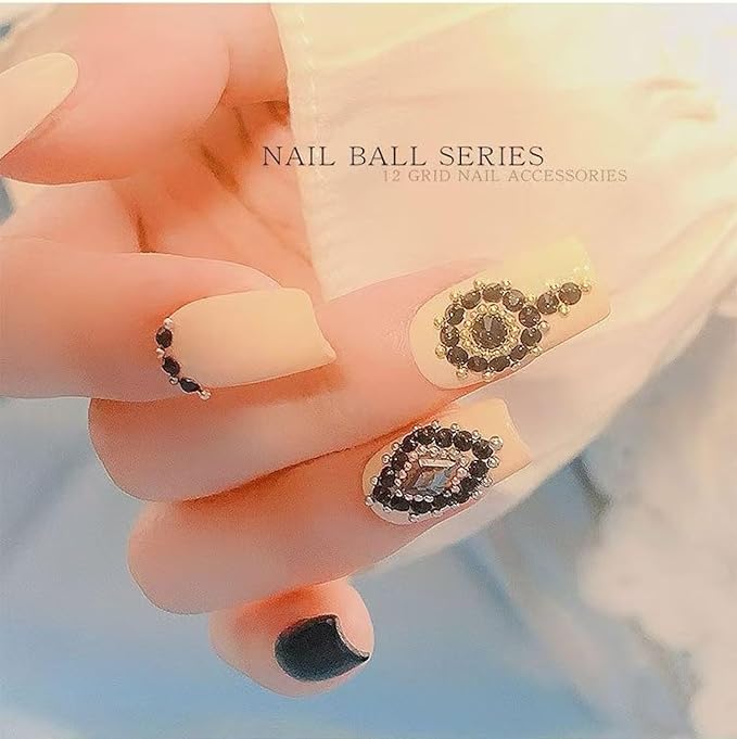12 Grids Art Charms Metal Beads 3D Caviar Small Steel Ball Nail Accessories Nail Art Metal Mini 3D Mixed Sizes DIY ons Accessories (Black and Gold