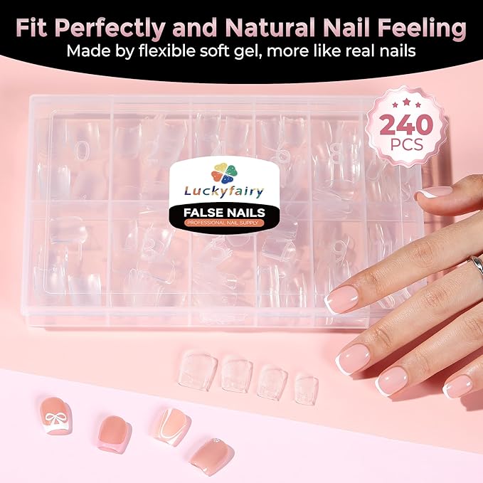 Extra Short Square Fake Nails, Soft Gel Pre-Shaped Acrylic XS Short Square Nail Tips, Half Matte Full Cover Clear Press on Flase Nail Tips for Nail Extension Home DIY 240pcs/12 Sizes