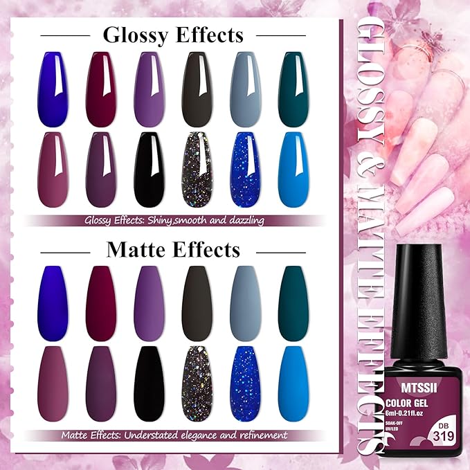 MTSSII Gel Nail Polish Set - 12 Colors Dark Purple, Blue, Navy, Dark Grey, Glitter, Red, Black Shimmer Gel Nail Gifts for Women, DIY Salon Home Manicure