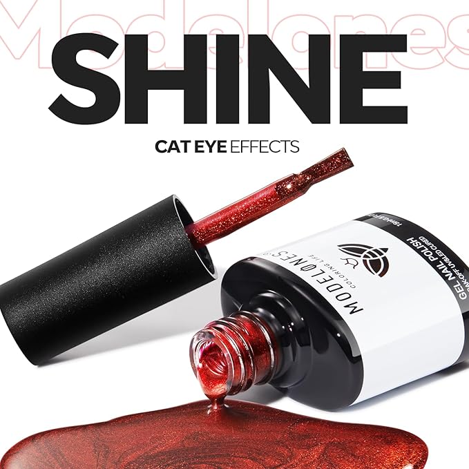 modelones Red Cat Eye Gel Nail Polish Magnetic Glitter Holographic Red Ruby Valentine Gel Polish Reflective Jelly Translucent UV Gel Manicure 15 ML
