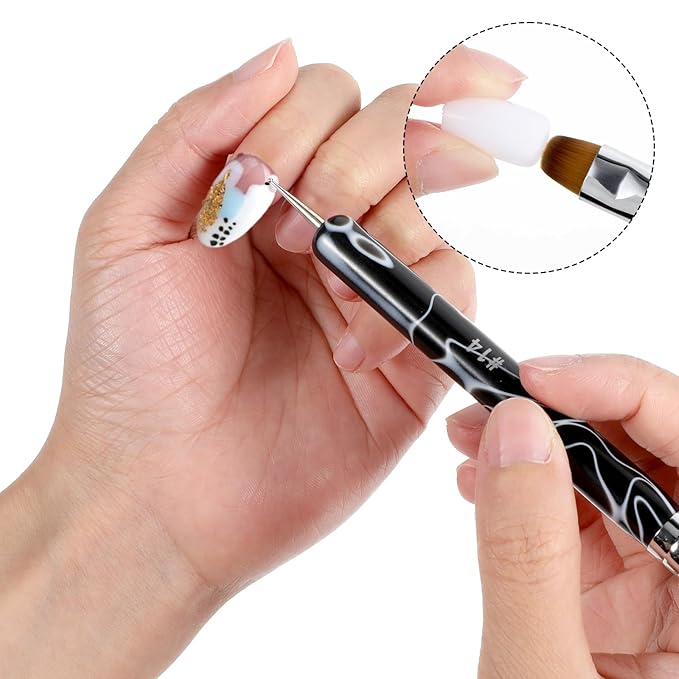 4pcs 2 Way Nail Art Brush with Dotting French Nail Brush Set French Gel Acrylic Nail Art Brush Professional Manicure Tool for Nail Arts Detailed Design Manicure Cuticle Clean up (10#, 12#, 14#, 16#)