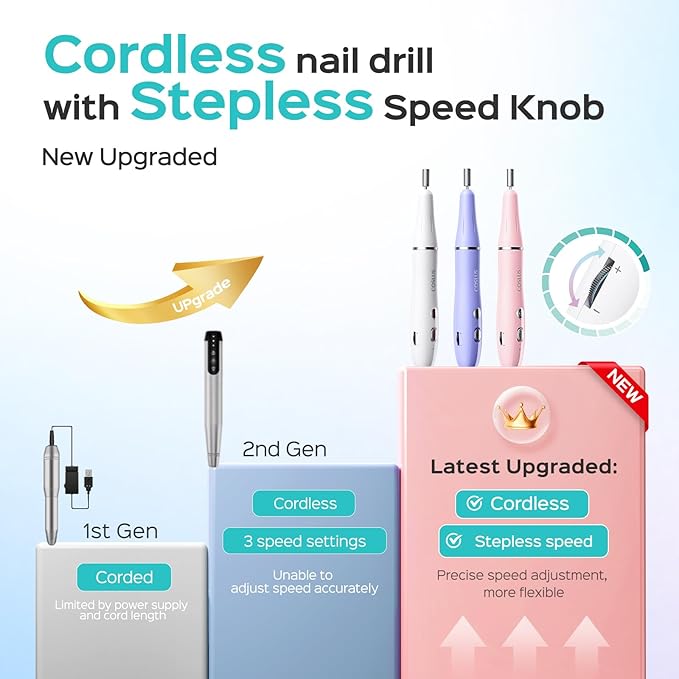 Cordless Electric Nail Drill File: COSLUS Nail Drill Machine with Stepless Speed Knob for Acrylic Gel Dip Powder Polish, Professional Portable Manicure Pedicure Kit Rechargeable for Home Salon Use