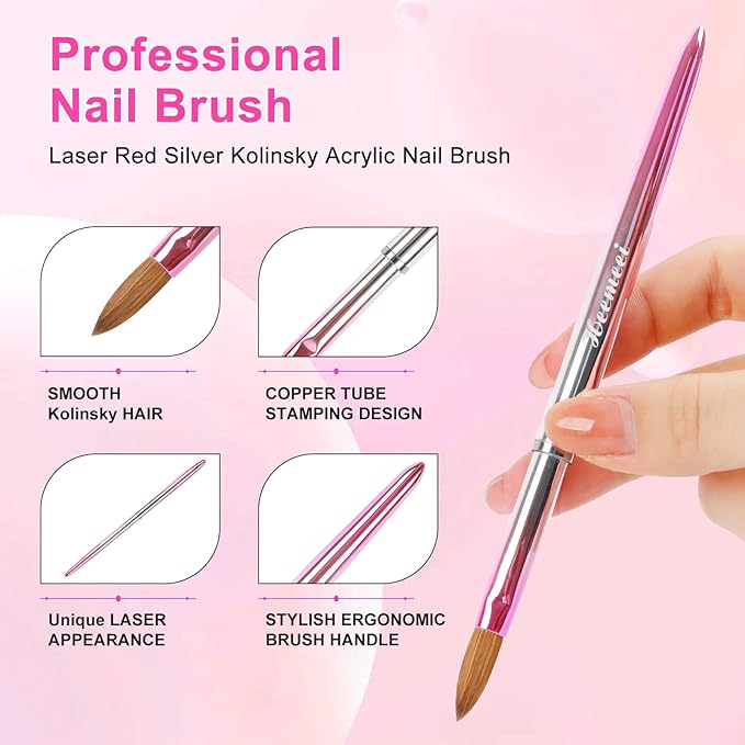 Acrylic Nail Brush Size 12, 100% Pure Kolinsky Nail Art Brush, Sturdy Handle Acrylic Powder Design Tools for Professional Manicure DIY Home Salon (Red and Silver)