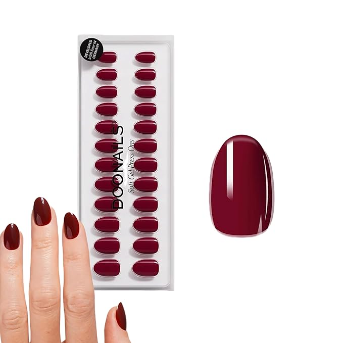 DOONAILS Soft Gel Press On Nails - 30 Pcs Kit with Stickers in 15 Sizes – Red, Short Round – Reusable Glue On Fake Nails, Handmade & Salon-Quality Finish, Vegan & Cruelty-Free, Uñas Postizas