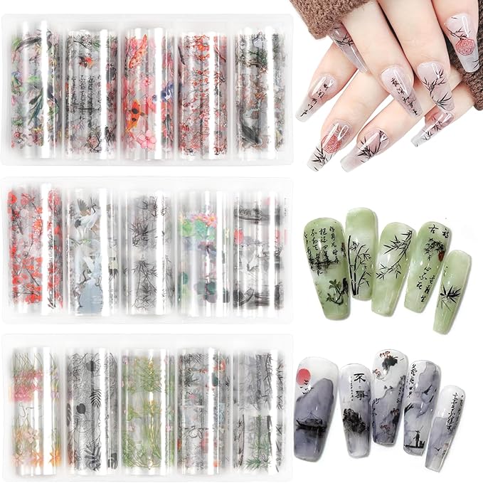 DANNEASY 15 Rolls Nail Art Foil Transfer, Landscape Painting Nail Foil Wraps Bamboo, Flowers, Cranes, Plum Blossoms Stickers Starry Sky Holographic Nail Foils for Women Nails Supplies