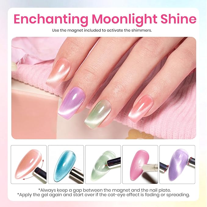Beetles Cat Eye Gel Nail Polish Set, 6 Colors Pastel Spring Shimmer Glitter Gel Polish Kit Pink Red Blue Orange Green Purple Velvet Gel Soak Off LED UV with Magnet Nail Art DIY Manicure Gift for Women