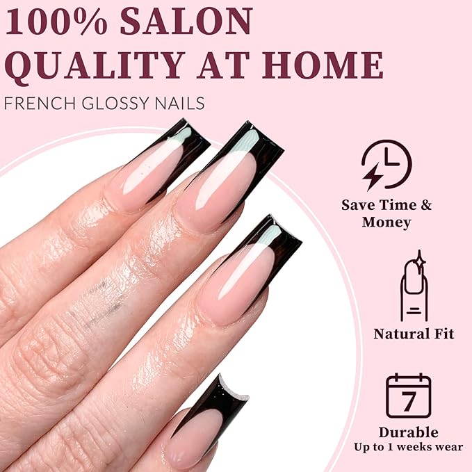 120PC Black French Tip Press on Nails Medium Fake Nails Press ons with 5*Adhesive Tabs, Pink Square Acrylic Nail Press on Nail French Tip Nails False Artificial Fingernails Stick on Nails-N