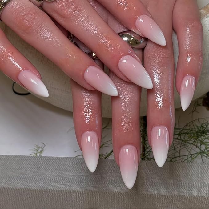 Gradient Pink Press on Nails Almond Shape Medium Length - Neutral Acrylic Fake Nails for Women, Glue on Stiletto False Nails, Ombre Pink Gel Artificial Nails