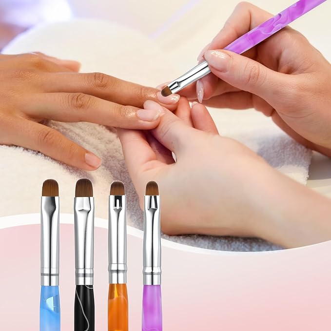 4 Pcs French Tip Brush Nail Art Brush Tools for Builder Gel Dotting Tools Kit Design Nail Polish Supplies Professional Manicure Cuticle Clean Up Small Detail Painting 3D Acrylic Brushes