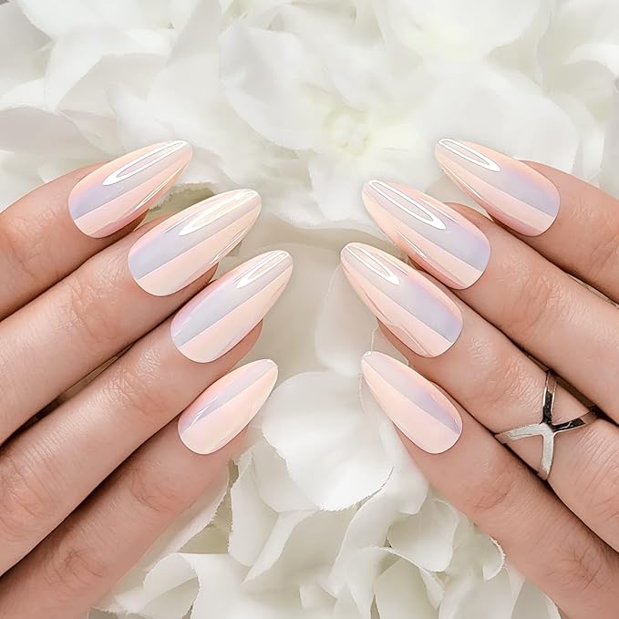 Hypnaughty 24 Pcs Light Peach Almond Chrome Luxury Press On Nails and Glue Reflective Medium Long Pointed Reusable False Nails (Light Peach Almond Chrome)