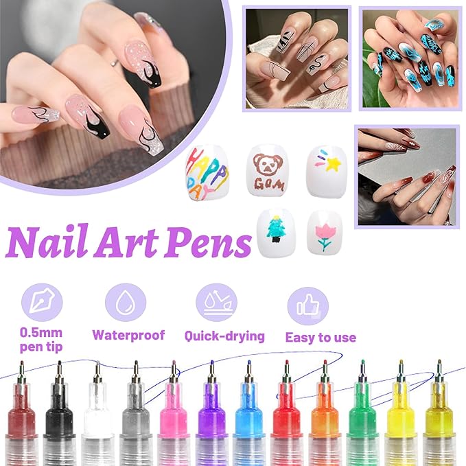 12 Colors Nail Art Pens ,0.5mm Nail Art Markers,nail art pens for painting nails,Nail Point Graffiti Dotting Pen ,Acrylic Nail Art Pen Quick-Drying,Home & Salon DIY Nail Art Tools