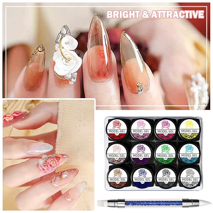12 Colors Sculpture Painting Set, 3D Nail Art Set with Carved Painting Pen, Salon Creative DIY Gel Nails