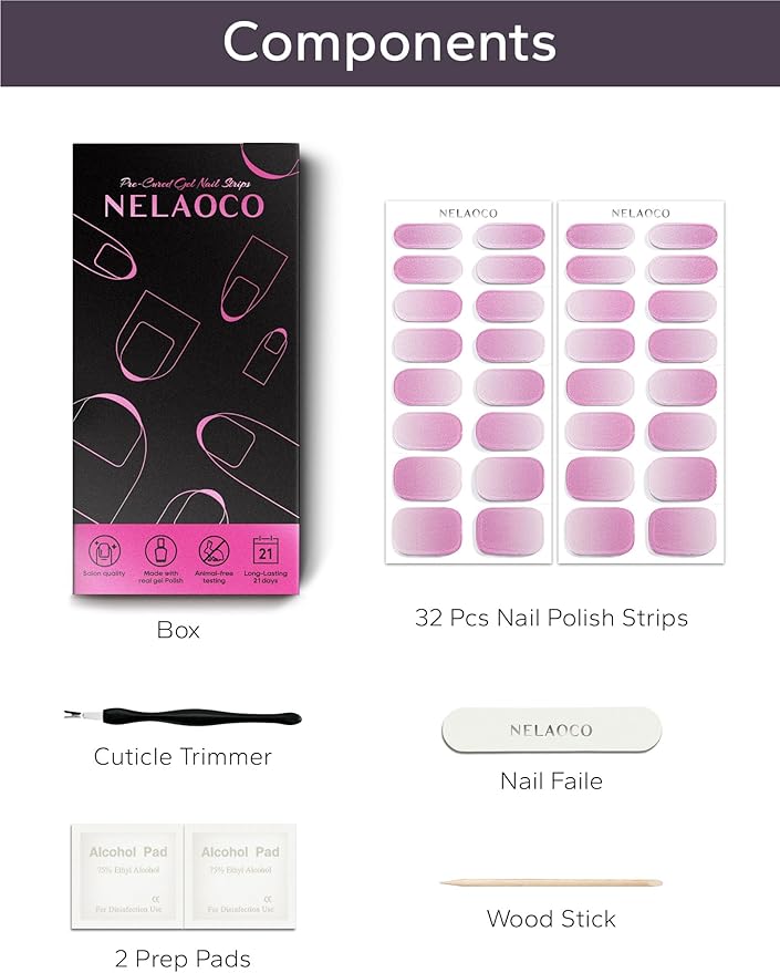 Nail Polish Strips – 32PCS UV Free Salon Quality Wraps, Long Lasting Gel Nail Stickers for Women (Rose Glowing)
