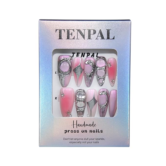 Metallic Press on Nails Long Stiletto,Sweet Cool Soft Gel With Aurora Designs,10Pcs/Box Acrylic Handmade Pink Purple y2k False Nails Press Ons For Women Gift(XS)