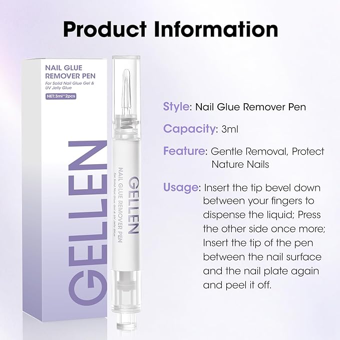Gellen Nail Glue Remover 5 Pcs, Glue Remover Pen for Press on Nails, Non Acetone Press on Removal, 10s Quick Remove for Nail Tips Fake Nails Solid Glue Gel