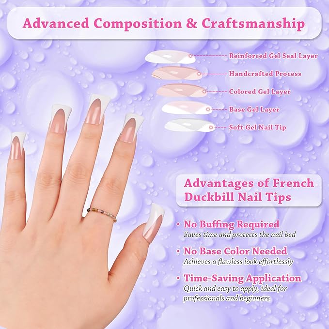 outopen 120pcs Duck Nail Tips Short Light Pink French Duck Tips Full Cover Fan Flare Duck Tips for Wide Press on Nail Crystal Duck Feet Nail Tips for Polygel Acrylic Extension, 12 Sizes