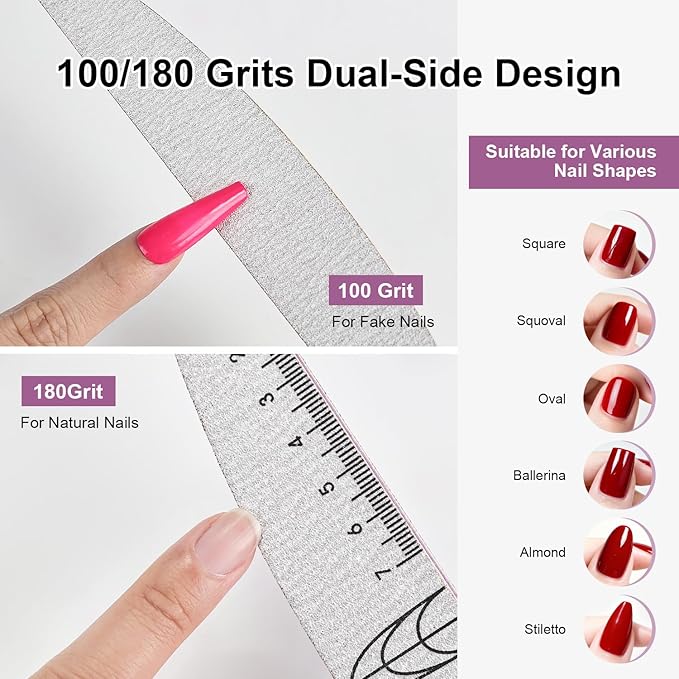 JEWHITENY 9 PCS Nail File Set: 100/180 Grit Emery Boards Dual-Sided Nail File for Natural Nails and Acrylic Nails,Washable and Reusable Multi-Grit Manicure Kit for Beginners & Professionals