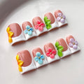 White French Tip Press on Nails Handmade Short Duck 3D Flower Thick Acrylic Nails Cute False Nails with Colorful Floral Designs Glossy Fake Nail Sturdy Art Press on Nail 10Pcs(S)