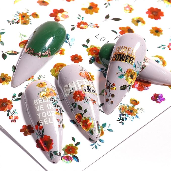 Flowers Nail Art Stickers, 3D Floral Flamingo Parrot Peacock Feather Nail Self-Adhesive Sticker Designs, Laser Glitter Flower Nail Transfer Decals Supplies for Women Girls Manicure Charms Decorations