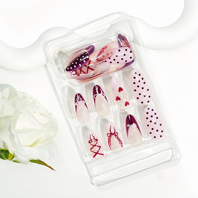 24Pcs Valentines Day French Tip Press on Nails Medium Almond Fake Nails with Pearl Bow Heart Designs Glossy False Nails Cute Polka Dots Burgundy Glossy Acrylic Nails Pink Heart Stick on Nail for Women