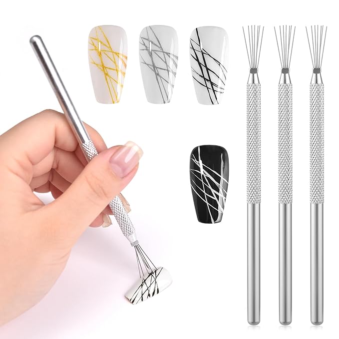 3Pcs 7-pin Nail Liner Tool Nail Art Pen Bendable Ultra-thin Stripe Nail Brush, Drawing Dotting Sculpting Manicure Styling Tool, for Home DIY Nail Salon (3PCS)