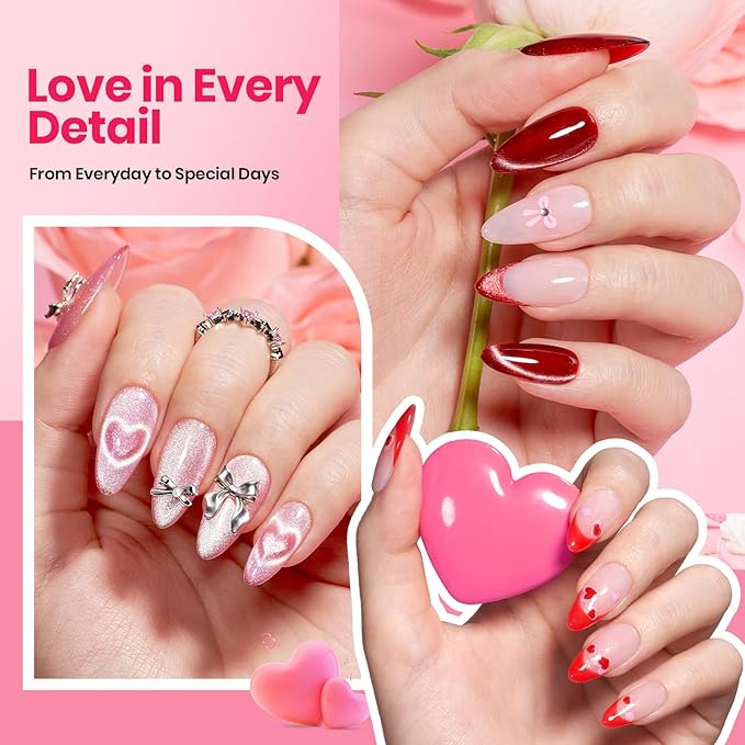 Beetles 30 Pcs Gel Nail Polish Kit with U V Light - 6 Colors Red Cat Eye Gel Polish Set Pink Jelly Glitter Sweet Date Collection with Heart Magnet Manicure DIY Salon Gifts for Mom Women Teens Girls