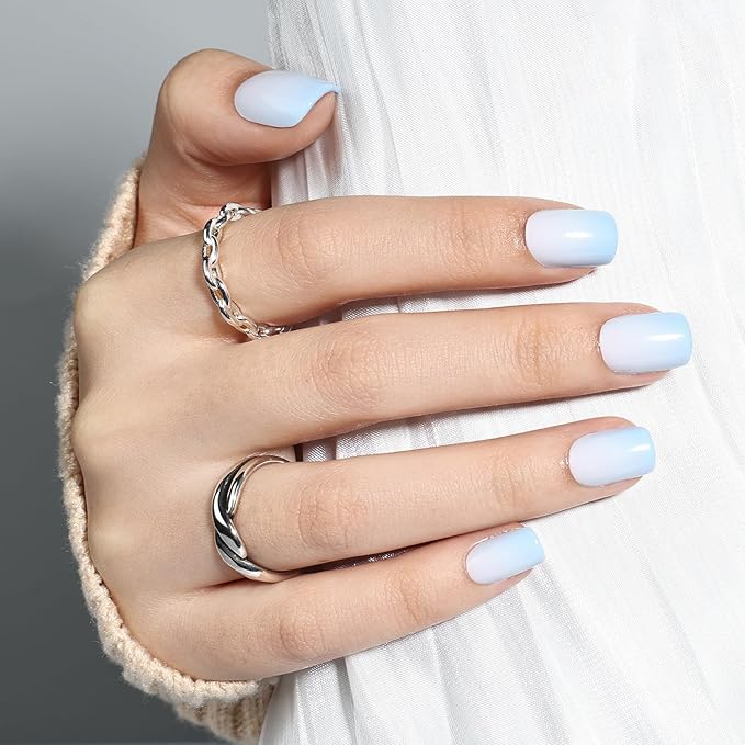 Press On Nails - Short Square Blue Fade Press on Nails Glossy Finish Nails Press Ons for Women DIY Fake Nails Kit with Glue, Reusable Glue on Nails Short in 15 Sizes - 30pcs, Sky Fade