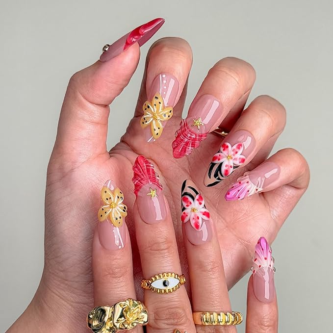 Flower Press on Nails Handmade Long Almond Muti-Layer Gel French Fake Nails 3D Waterdrop Pattern Floral Embossed Design Golden Stars and Hearts False Nails Luxury Acrylic Nail for Women (Size M)