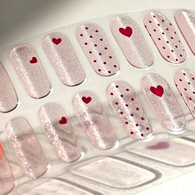 Semi Cured Gel Nail Strips - Red Hearts & Polka Dots with Pink Shimmering Base, At Home Nail Art, Romantic DIY Manicure Kit, Salon Quality Gel Nails