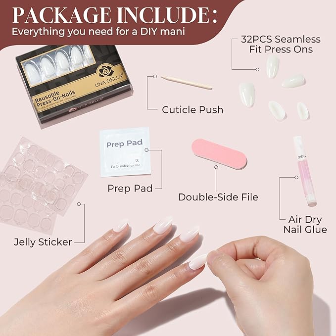 UNA GELLA White Press On Nails Short: Almond Soft Gel Press Ons Kit with Nail Tips Glue on Nails, 16 Sizes - 32 Reusable Fake Nails Kit, Milky White