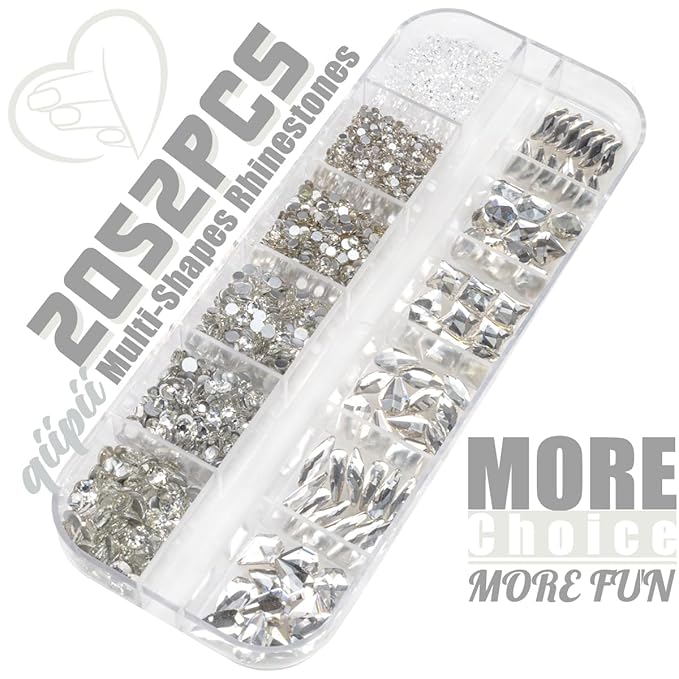 2052Pcs Crystal Clear Nail Rhinestones 72 Multi Shapes Crystal White Rhinestones for nails Flatback Big Nail Gems +1980 K9 Glass Round Beads Stones Diamonds Nail Charms Art for Nails Faces Eyes