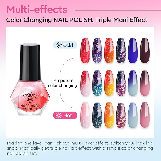 modelones Color Changing Nail Polish Set, 6 Colors Pink Blue Purple Orange Neon Mood Temperature Change Ombre Quick Dry Mini Manicure Kit DIY Nail Art Salon Gifts For Women Girls